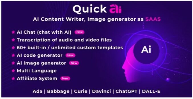 QuickAI — это платформа SaaS, которая позволяет вашим пользователям использовать технологию искусственного интеллекта OpenAI для создания уникального контента и изображений.