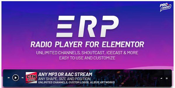 Erplayer — это плагин WordPress, созданный Pro.Radio , который добавляет виджет Radio Player в Elementor, чтобы воспроизводить звук любого веб-радиоканала и отображать названия песен любого совместимого источника. Он также может, по желанию, извлекать и отображать обложки песен.